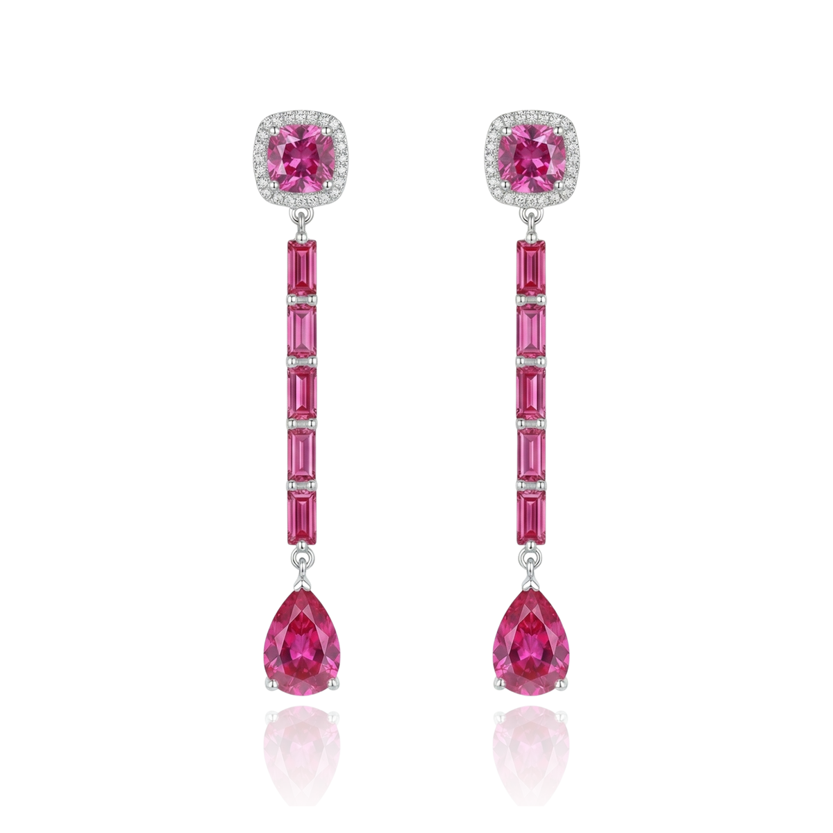 Pendientes largos rosas de invitada en plata de primera ley con circonitas