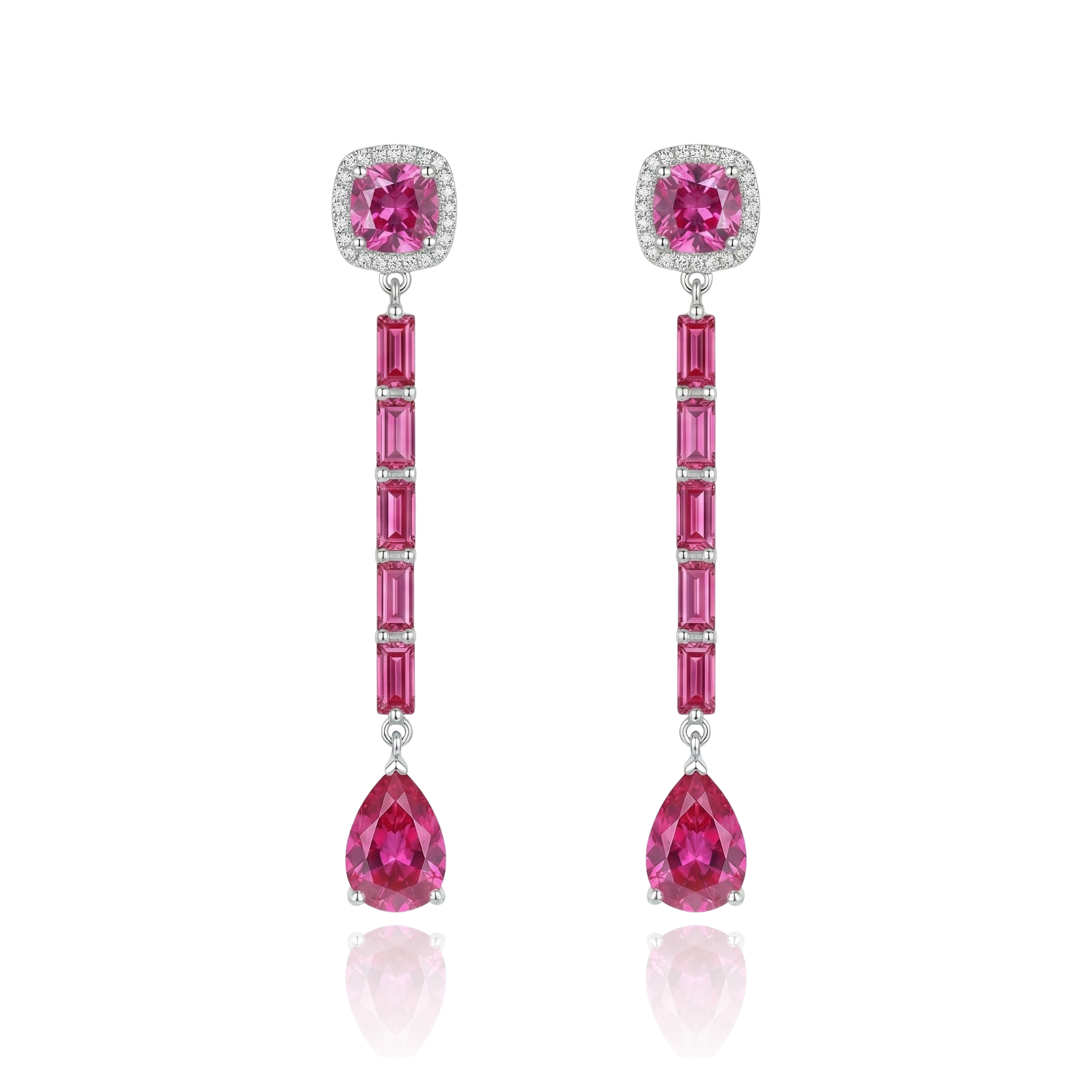 Pendientes largos rosas de invitada en plata de primera ley con circonitas