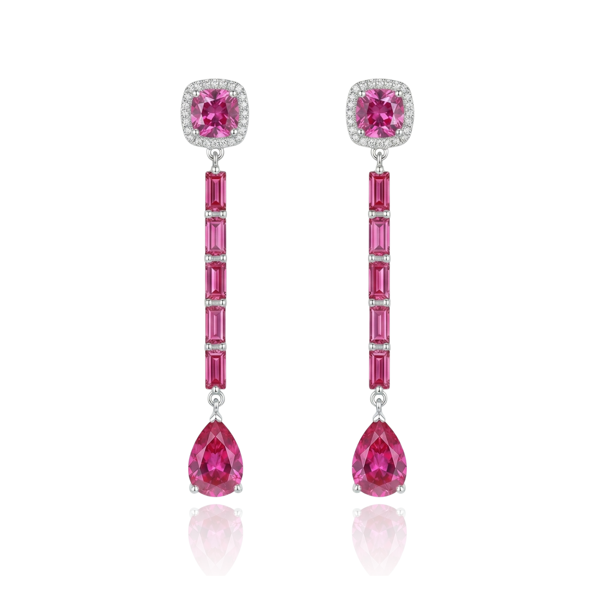 Pendientes largos rosas de invitada en plata de primera ley con circonitas