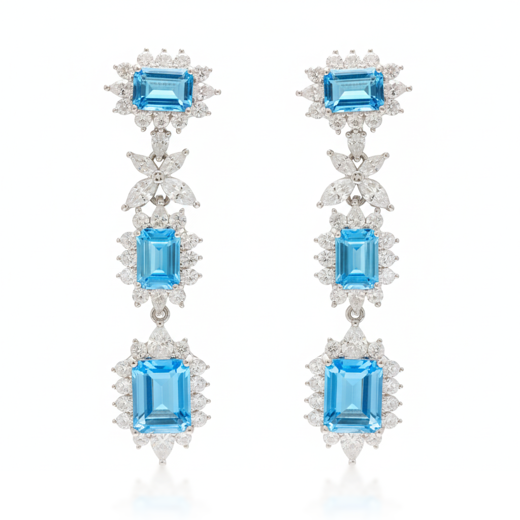 pendientes largos azules en plata de primera ley con circonitas para novia e invitada