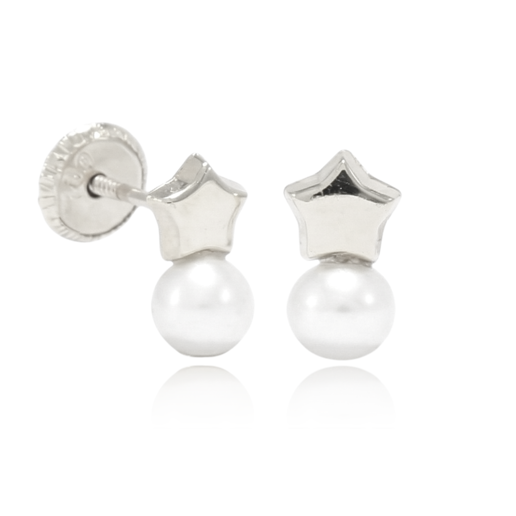 pendientes niña bebe en oro blanco 18k con perla y estrella