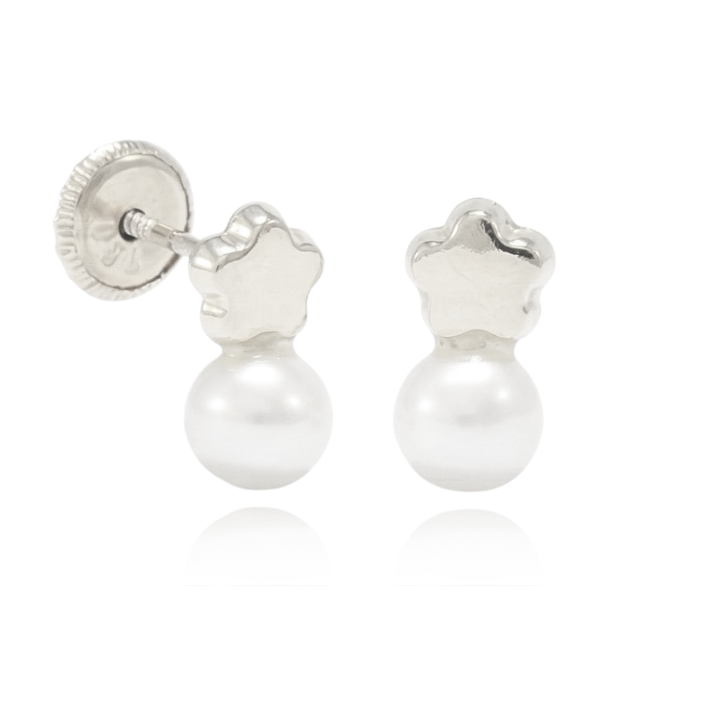 pendientes niña tu y yo perla oro blanco 18k flor