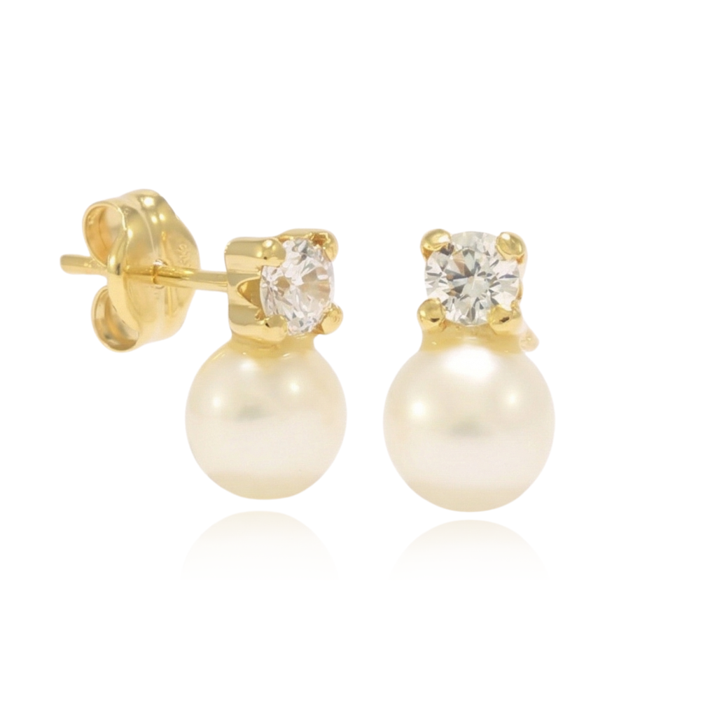 pendientes tu y yo perla y circonita oro amarillo de 18k
