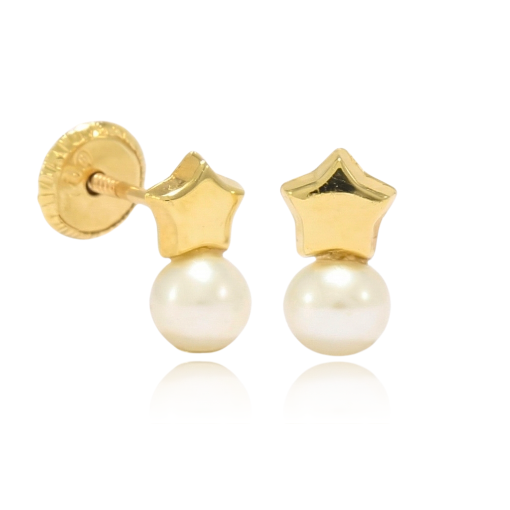 pendientes bebe y niña con perla y estrella oro amarillo 18k