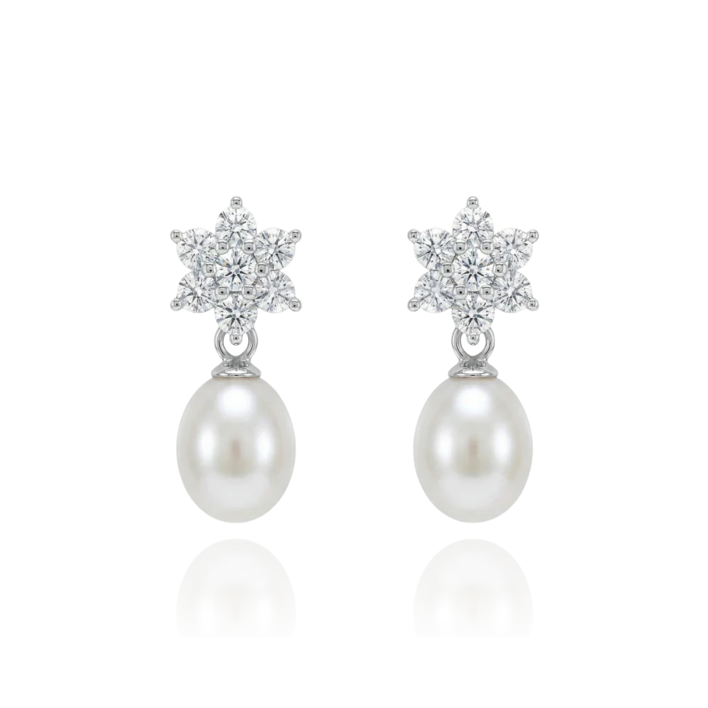 Pendientes de perla para novia en plata de primera ley y roseta de circonitas