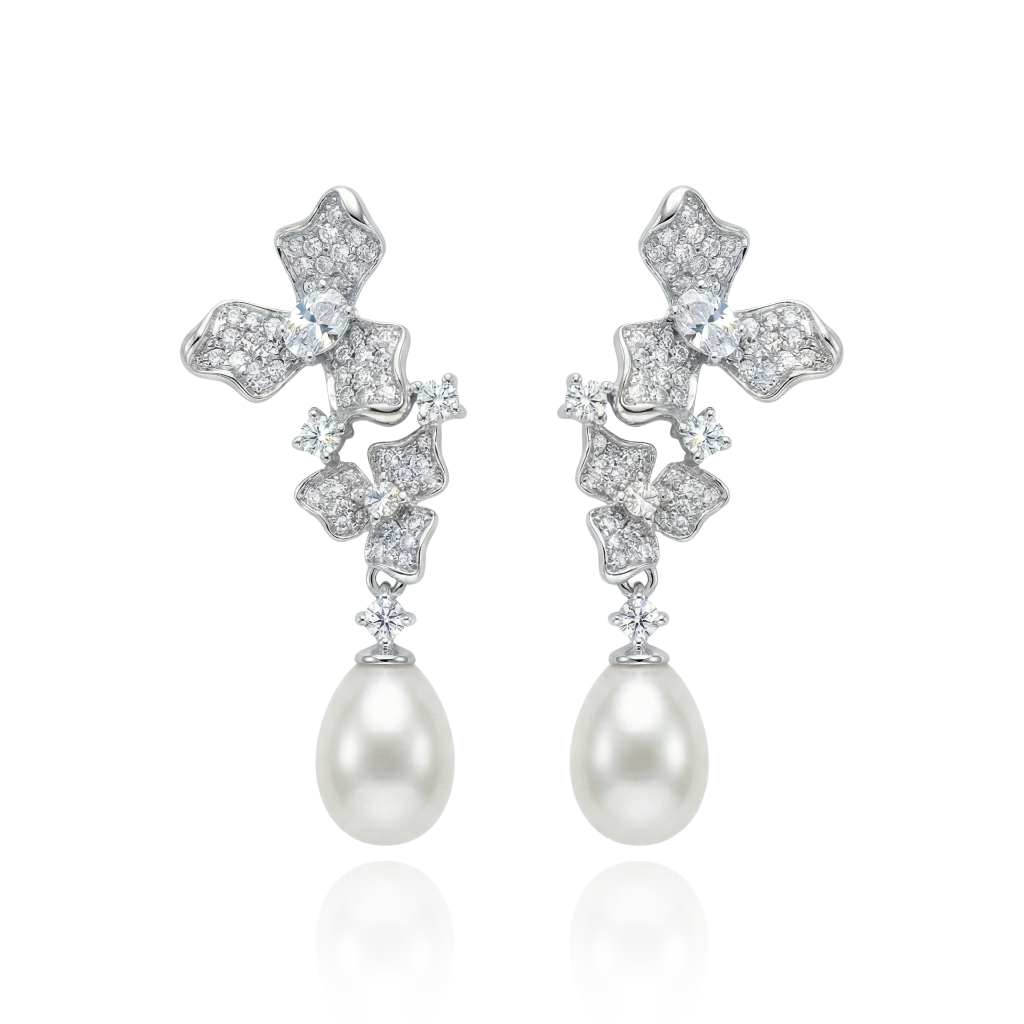 pendientes de perla para novia en plata de primera ley con flores de circonita