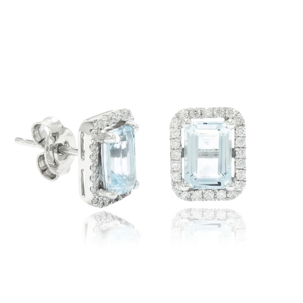 pendientes en oro blanco de 18 quilates con aguamarina y orla de diamantes