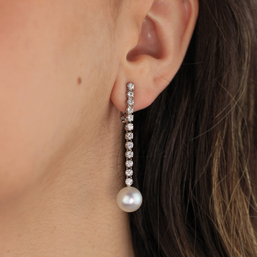 Pendientes de novia largos oro blanco de 18k con diamantes y perla australiana