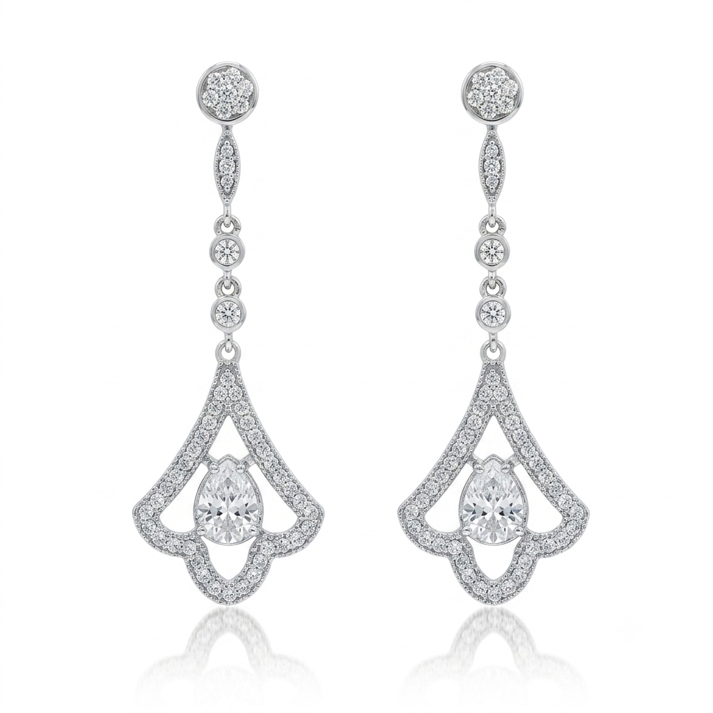 Pendientes de novia largos desmontables realizados en oro blanco de 18 quilates con 82 diamantes.