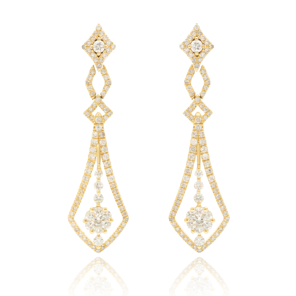 pendientes largos en oro amarillo de 18 quilates con diamantes