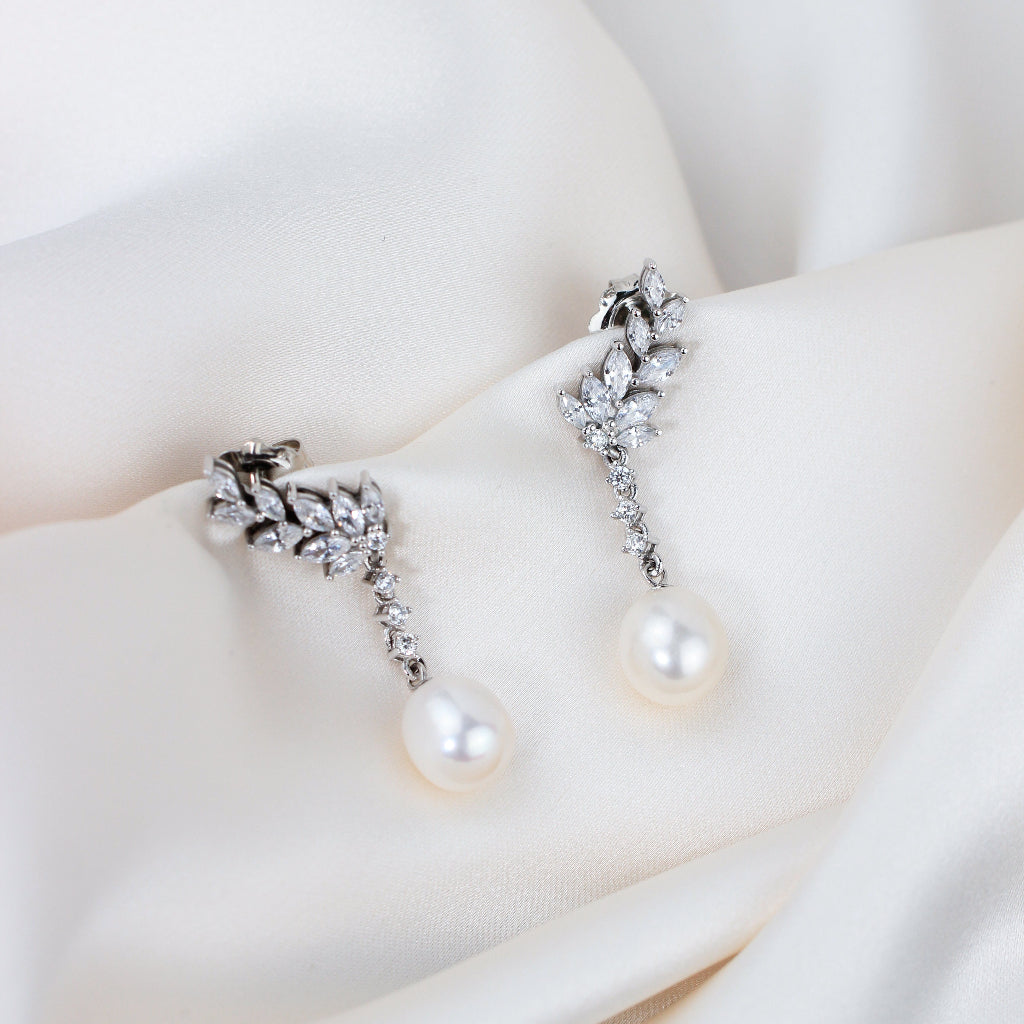 pendientes perla novia plata de primera ley con trepador de circonitas