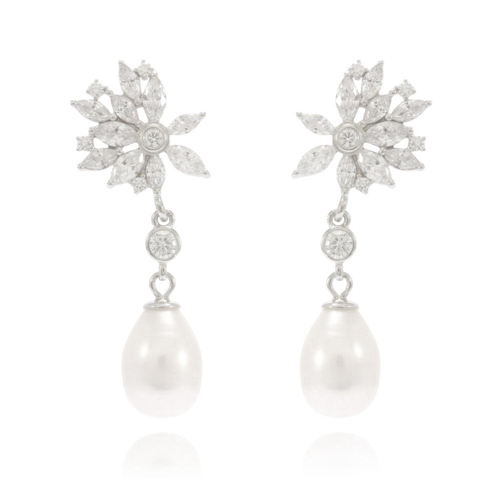 pendientes de perla con diseño en plata de primera ley y circonitas para novia e invitada