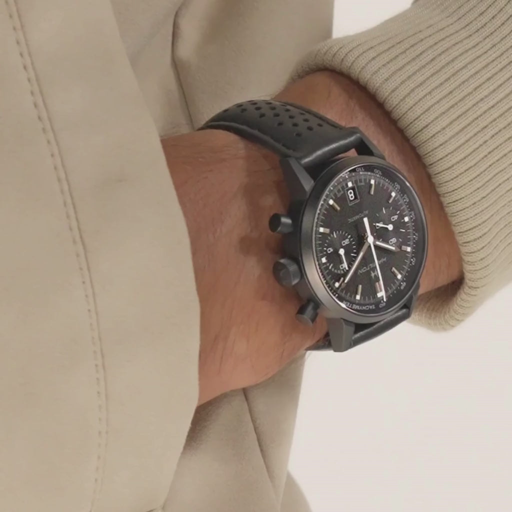 Reloj Hamilton American Classic Intra-Matic Auto Crono H38446730 de esfera negra y corra de piel. Joyería Pamplona.