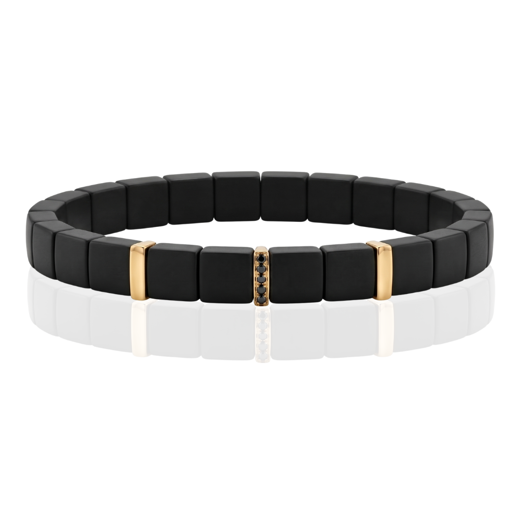 pulsera de hombre de cerámica negra con diamantes negros y motivos de oro rosa de 18 quilates