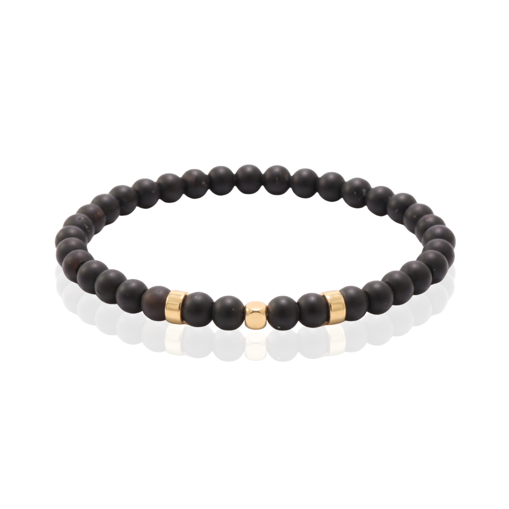 pulsera para hombre de acero con cuentas de agata negra y oro rosa de 18 quilates 