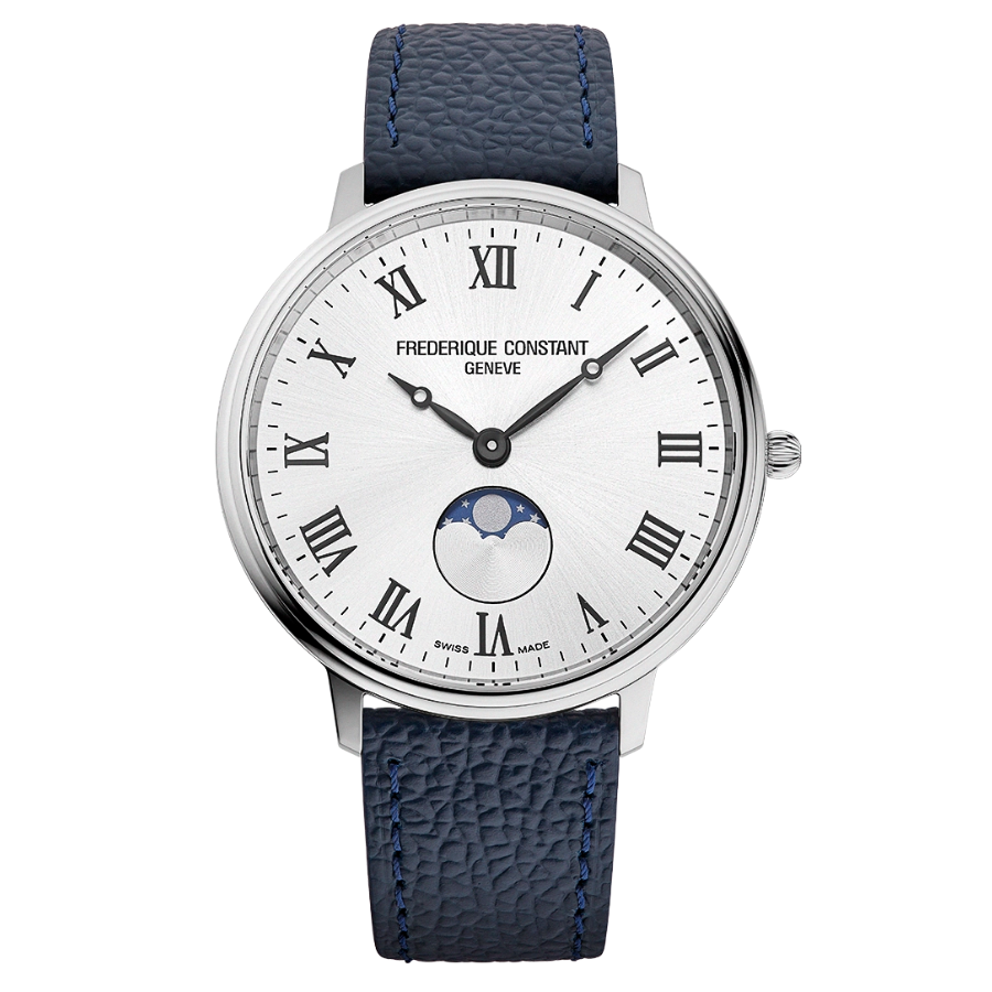 Reloj para hombre frederique constant con fases lunares y correa de cuero azul