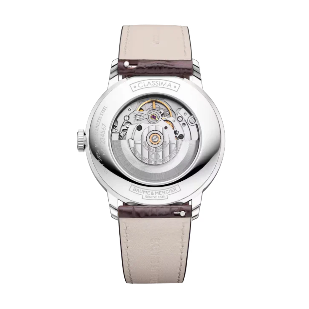 Reloj Baume &amp;; Mercier Classima 10874 Automático con caja de 40 mm, esfera blanca plateada y fecha situada a las 3, con correa de piel. Disponible en BIJOYA, distribuidor oficial de Baume &amp;; Mercier en Pamplona.