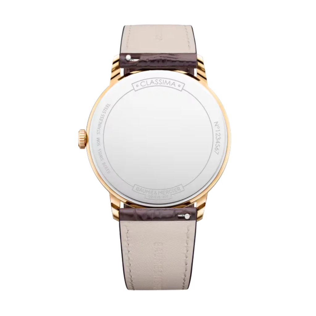 Reloj Baume &; Mercier Classima 10857 de Cuarzo con caja de 40 mm de acero con revestimiento PVD dorado esfera plateada y fecha situada a las 3, con correa de piel marrón. BIJOYA, relojería pamplona