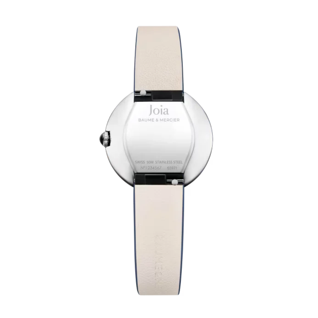 Reloj para mujer Baume &amp; Mercier Joia 10847 de Cuarzo con caja de 28 mm, esfera plateada y correa de piel azul noche.