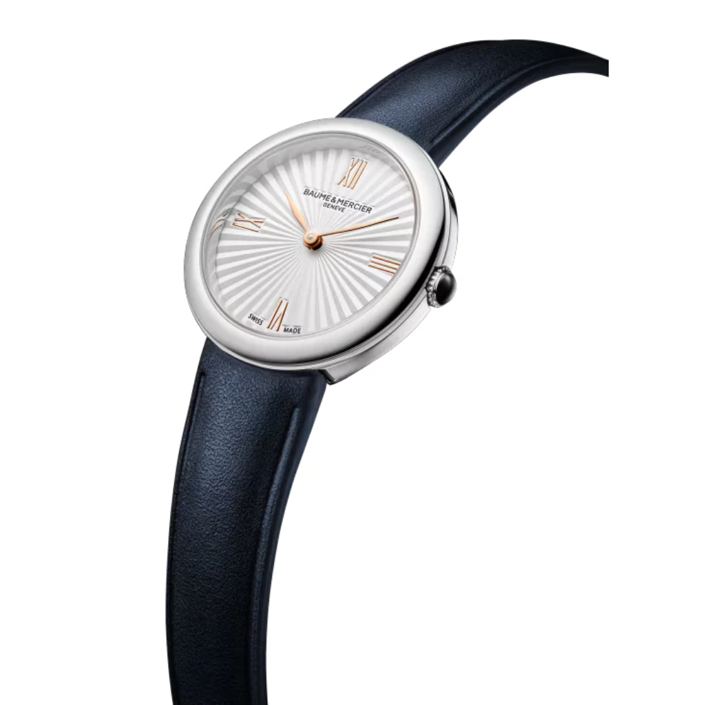Reloj para mujer Baume &amp; Mercier Joia 10847 de Cuarzo con caja de 28 mm, esfera plateada y correa de piel azul noche.