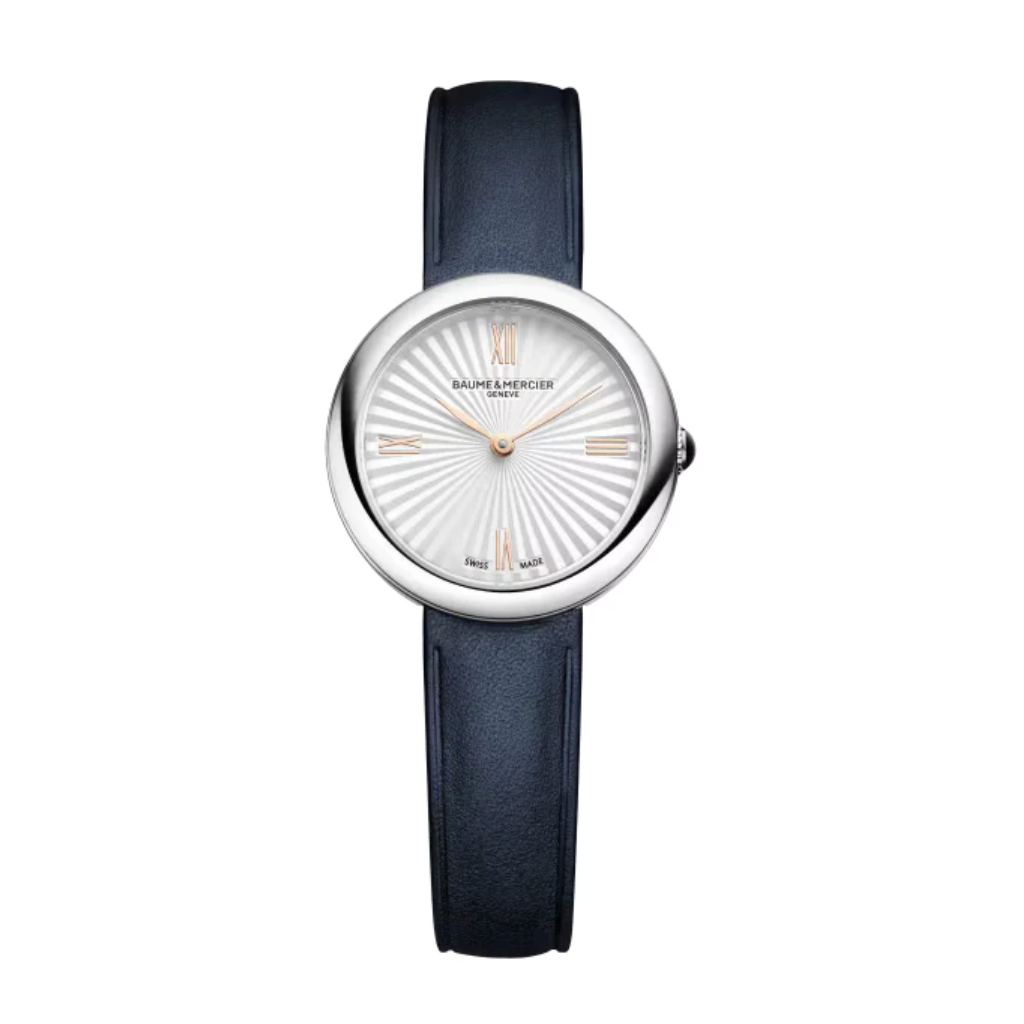 Reloj para mujer Baume &amp;amp; Mercier Joia 10847 de Cuarzo con caja de 28 mm, esfera plateada y correa de piel azul noche.