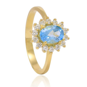 anillo oro amarillo de 18kt con circonita azul y circonitas incoloras joyería pamplona