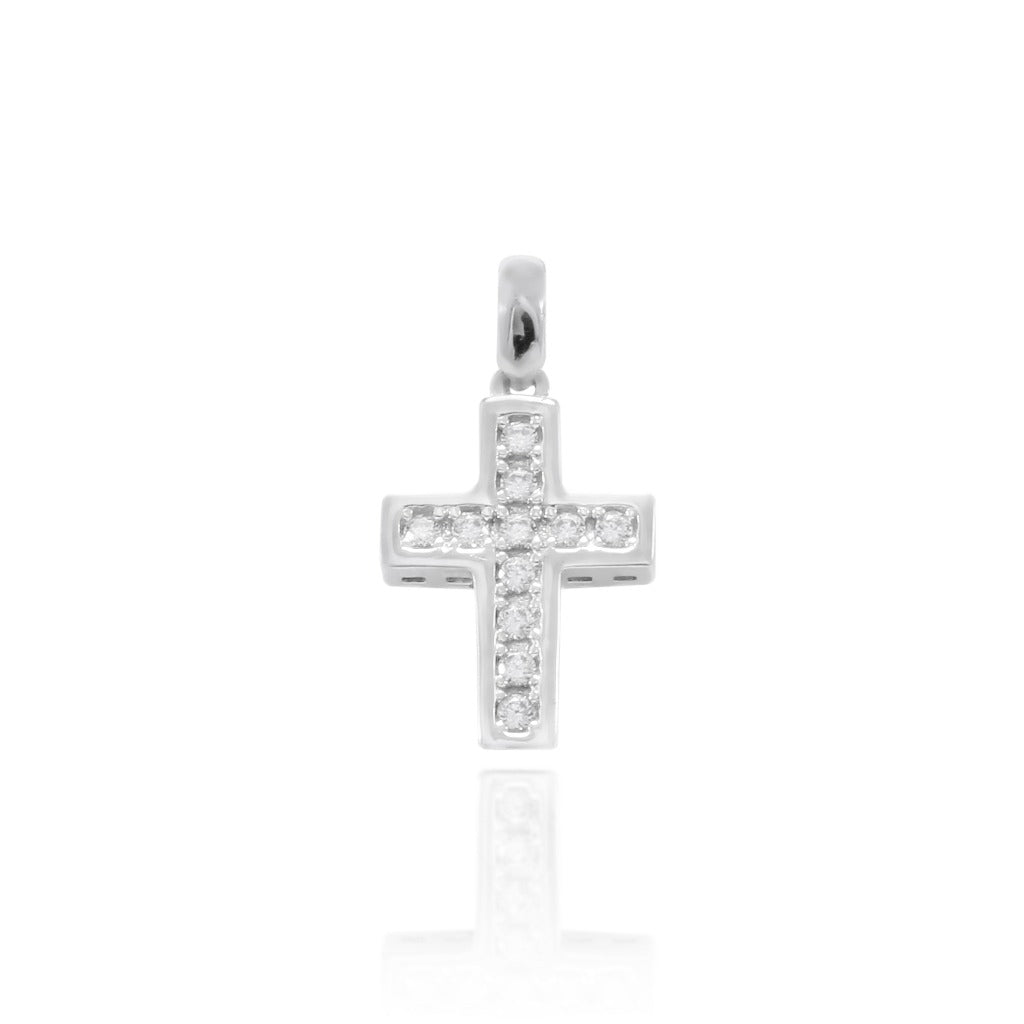 Cruz en oro blanco de 18 quilates y circonitas. Joyería Pamplona.