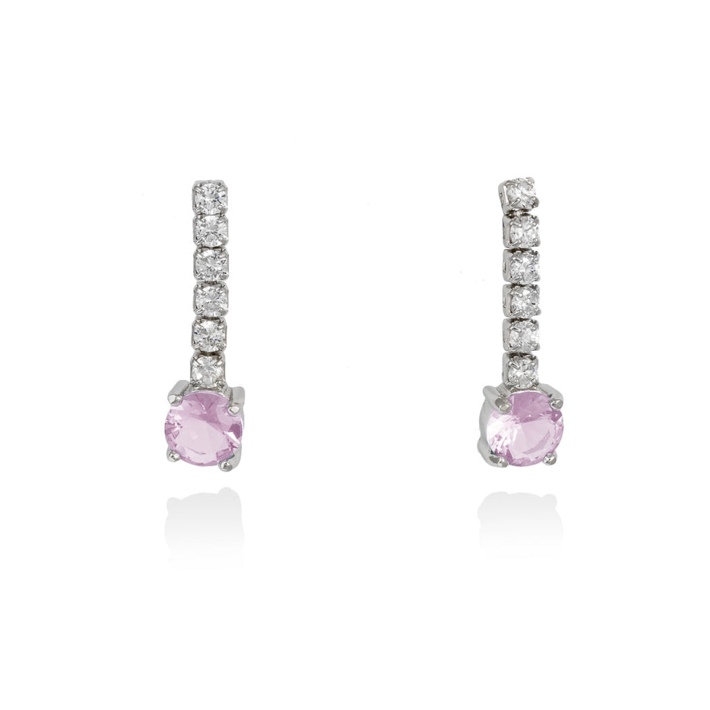 Pendientes de plata de primera ley (925) con baño de rodio, circonita blanca y piedra sintética color rosa agua