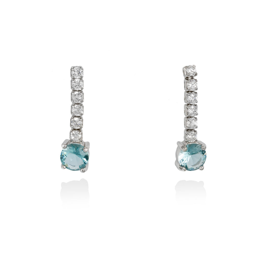 Pendientes de plata de primera ley (925) con baño de rodio, circonita blanca y piedra sintética color aguamarina