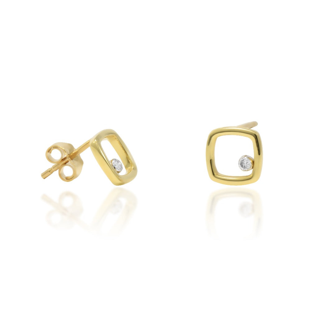 Pendientes en oro amarillo de 18 quilates con forma de silueta de cuadrado con 2 diamantes. Joyería Pamplona.