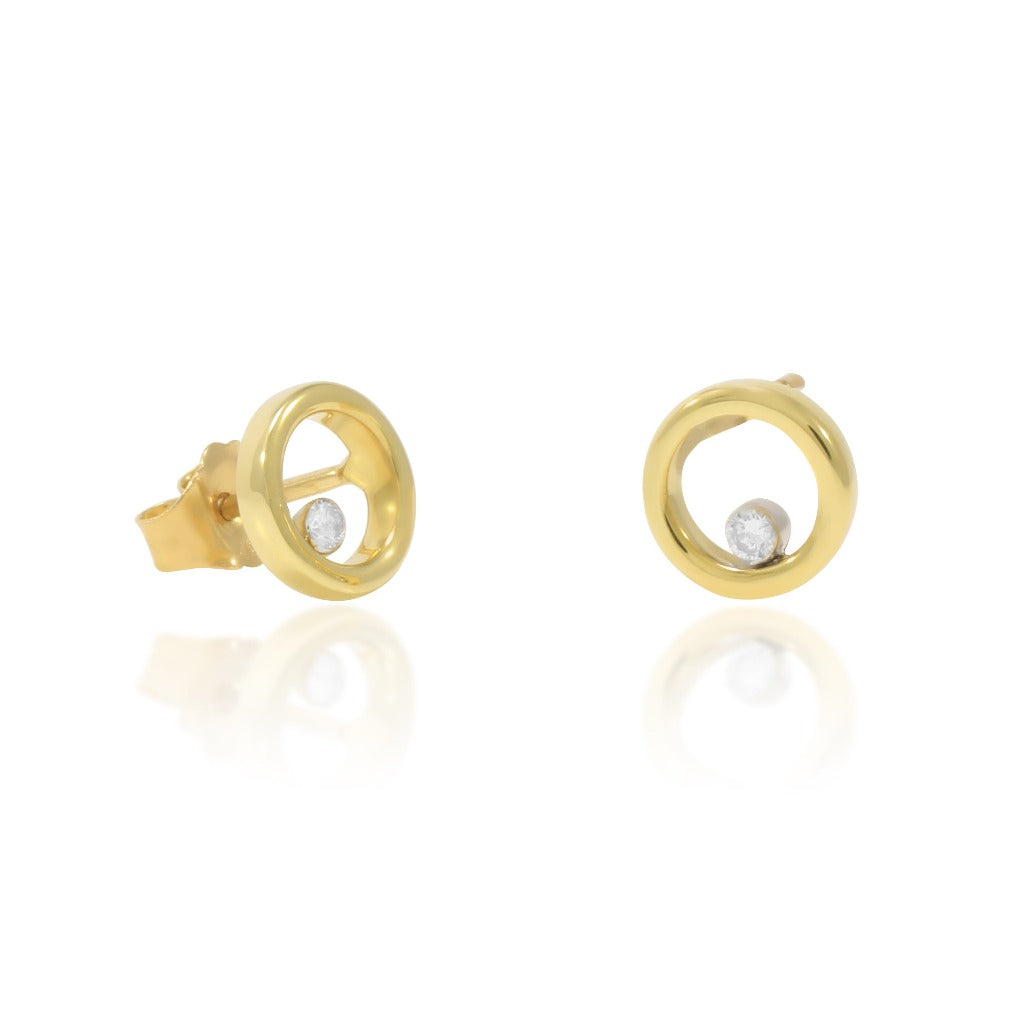 Pendientes en oro amarillo de 18 quilates con forma de silueta de circulo con dos diamantes. Joyería Pamplona.