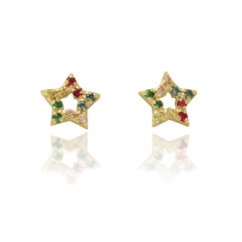 Pendientes en oro amarillo de 18 quilates, forma estrella engarzadas circonitas de colores. Joyería Pamplona.