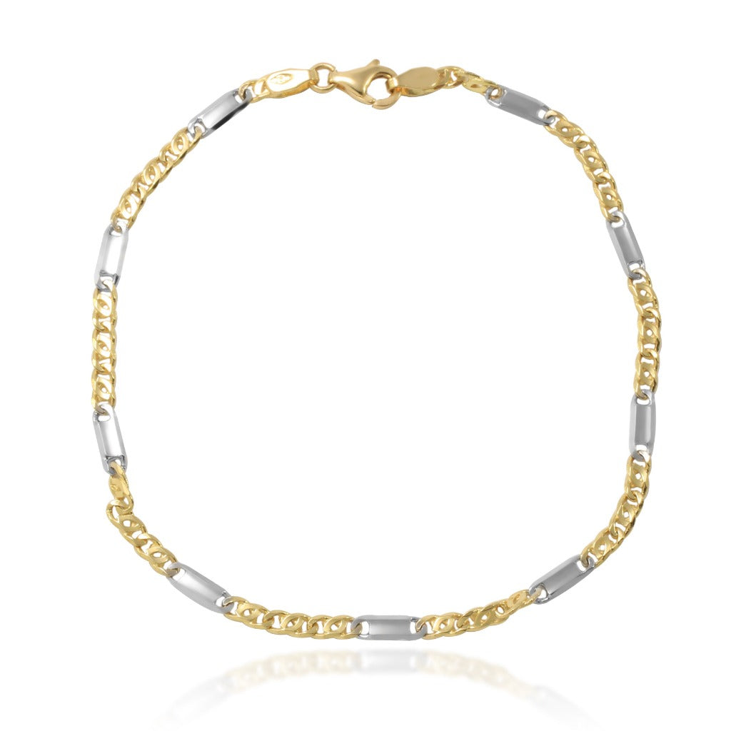 Pulsera bicolor en oro blanco y amarillo de 18 quilates. Joyería Pamplona.