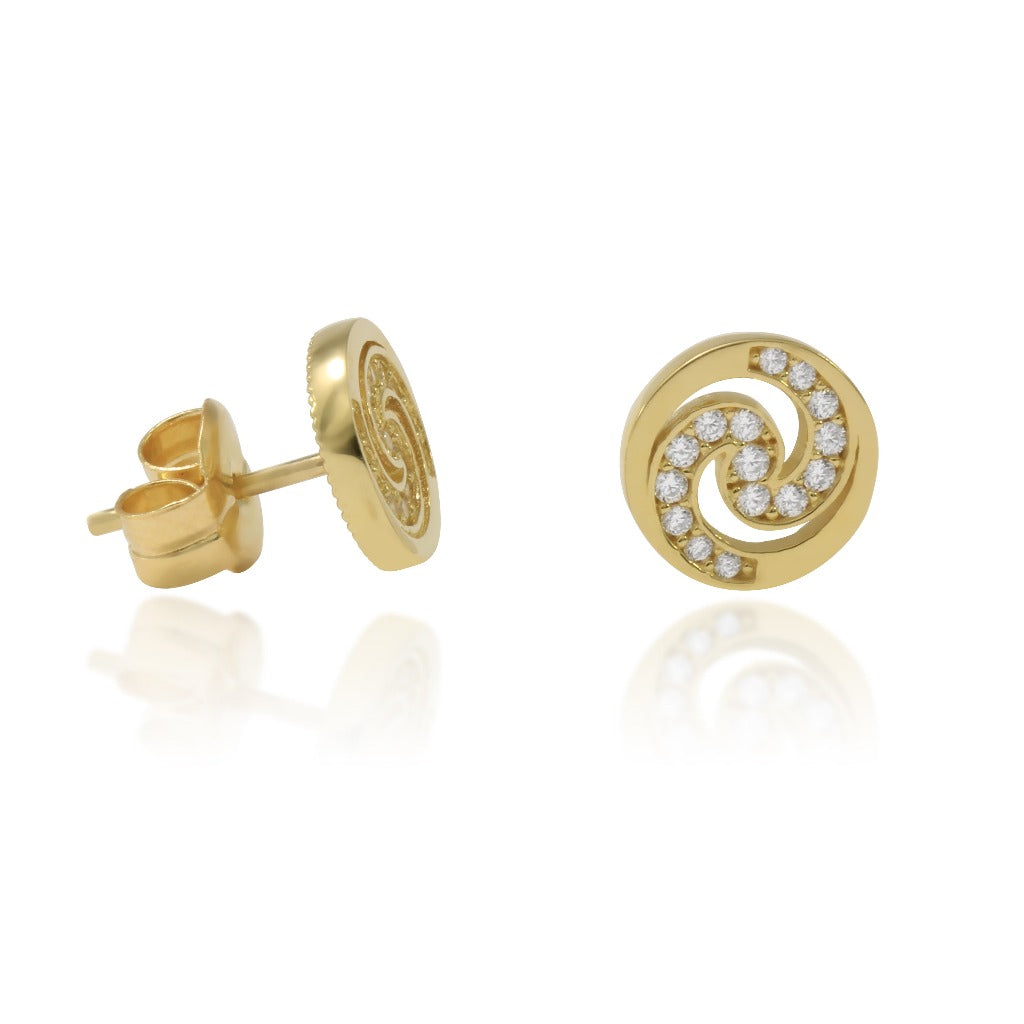 Pendientes en oro amarillo de 18 quilates y circonitas con forma de espiral. Joyería Pamplona.