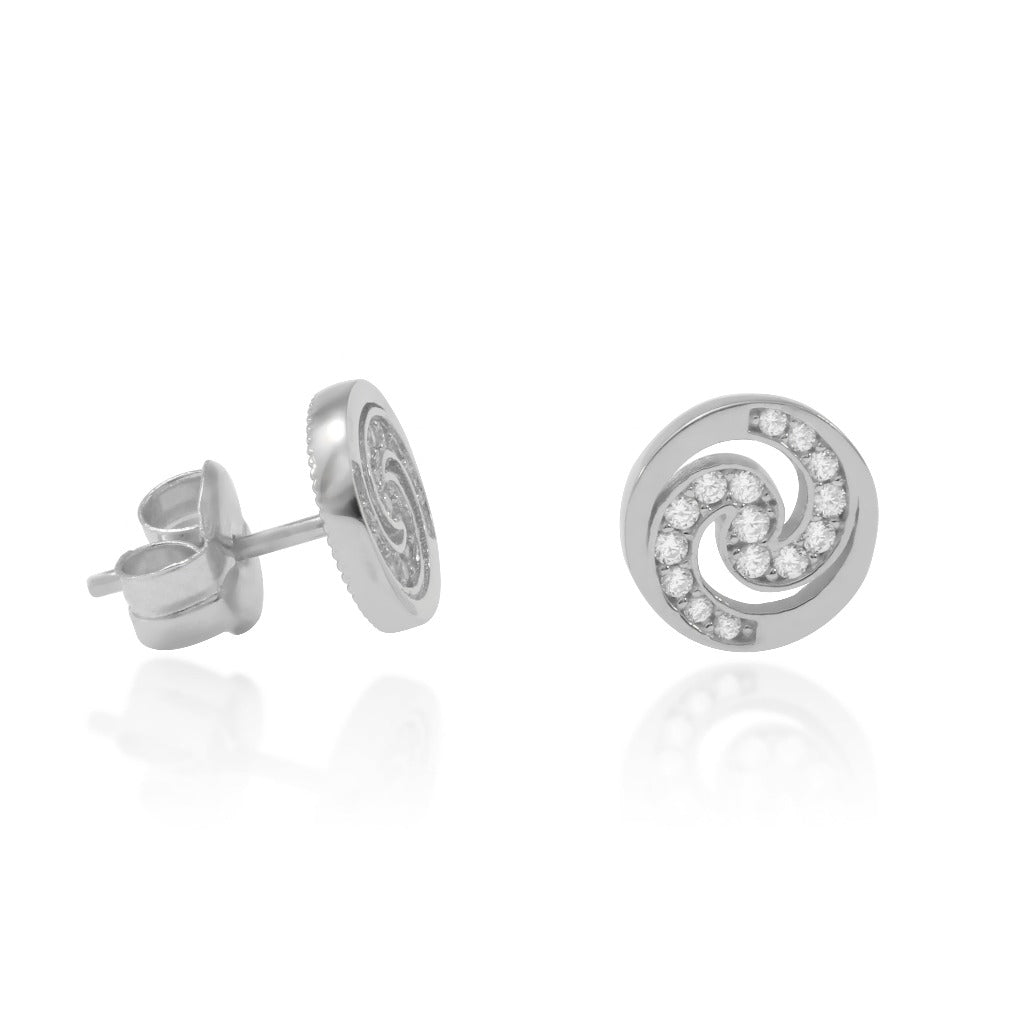 Pendientes en oro blanco de 18 quilates y circonitas con forma de espiral. Joyería Pamplona.