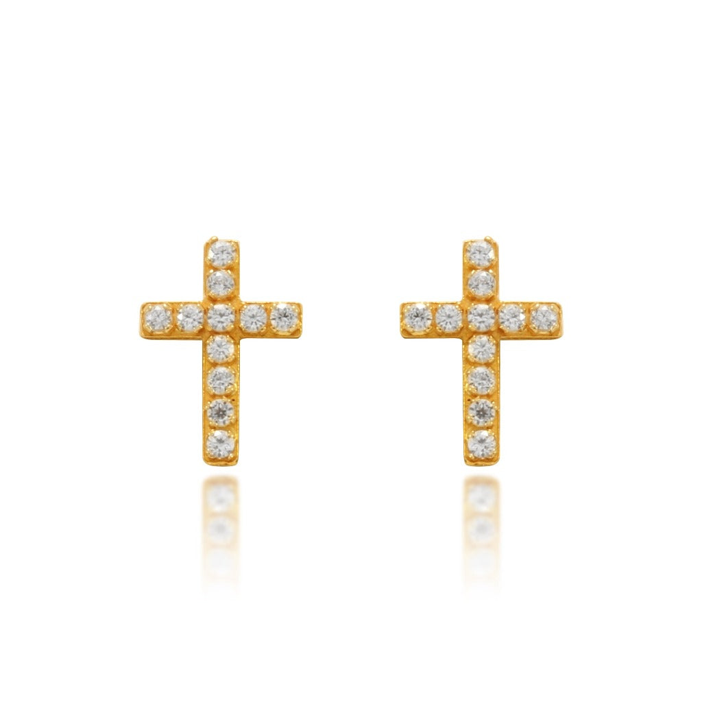 Pendientes de cruz realizados en oro amarillo de 18 quilates y cuajados en circonitas. 