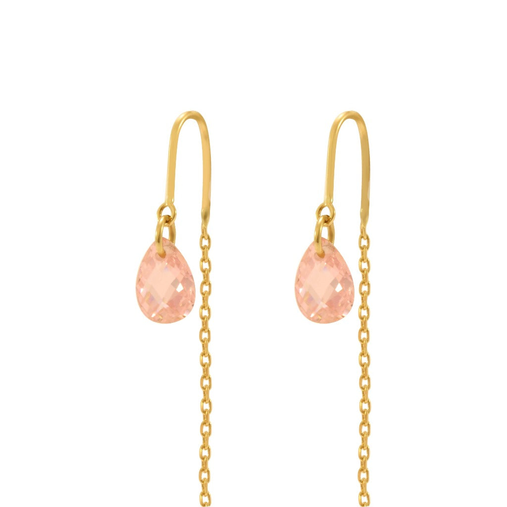 Pendientes largos de oro amarillo 18 quilates con un motivo principal de circonita rosa. 