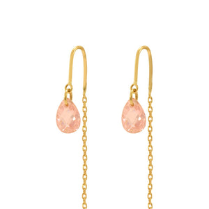 Pendientes largos de oro amarillo 18 quilates con un motivo principal de circonita rosa. 