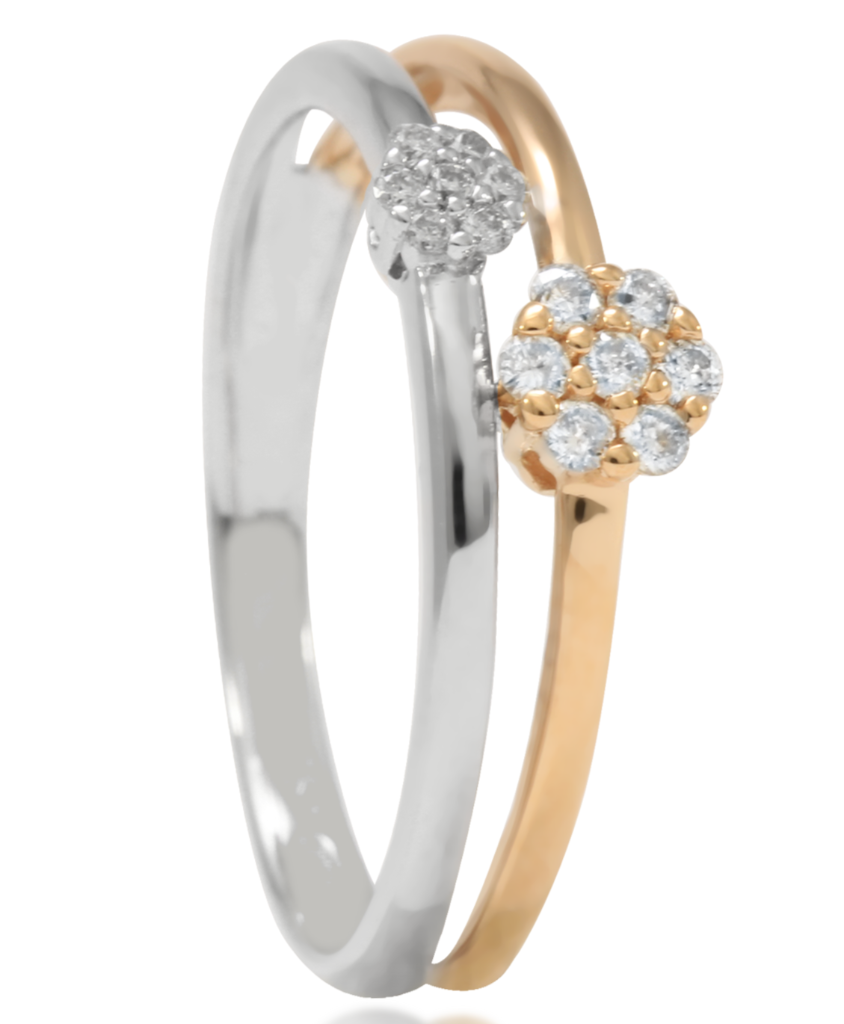 Sortija en oro blanco y oro rosa de 18 quilates con 7 diamantes talla brillantes con 0,082 cts. y otros 7 diamantes con un peso de 0,025 cts.