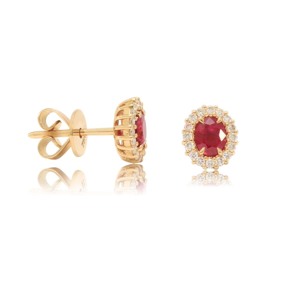 Pendientes pequeños de oro rosa con rubí y diamantes. Joyería Pamplona