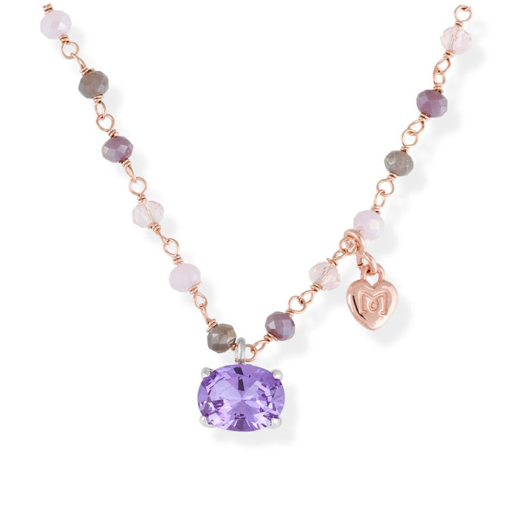 Gargantilla de plata de primera ley (925) con baño de rodio y chapado en oro rosa de 18kt, circonita coñac y piedra sintética color lavanda