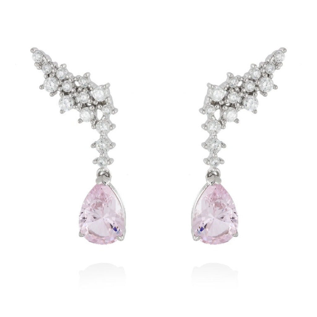 Pendientes de plata de primera ley (925) con baño de rodio, circonita blanca y piedra sintética color rosa agua