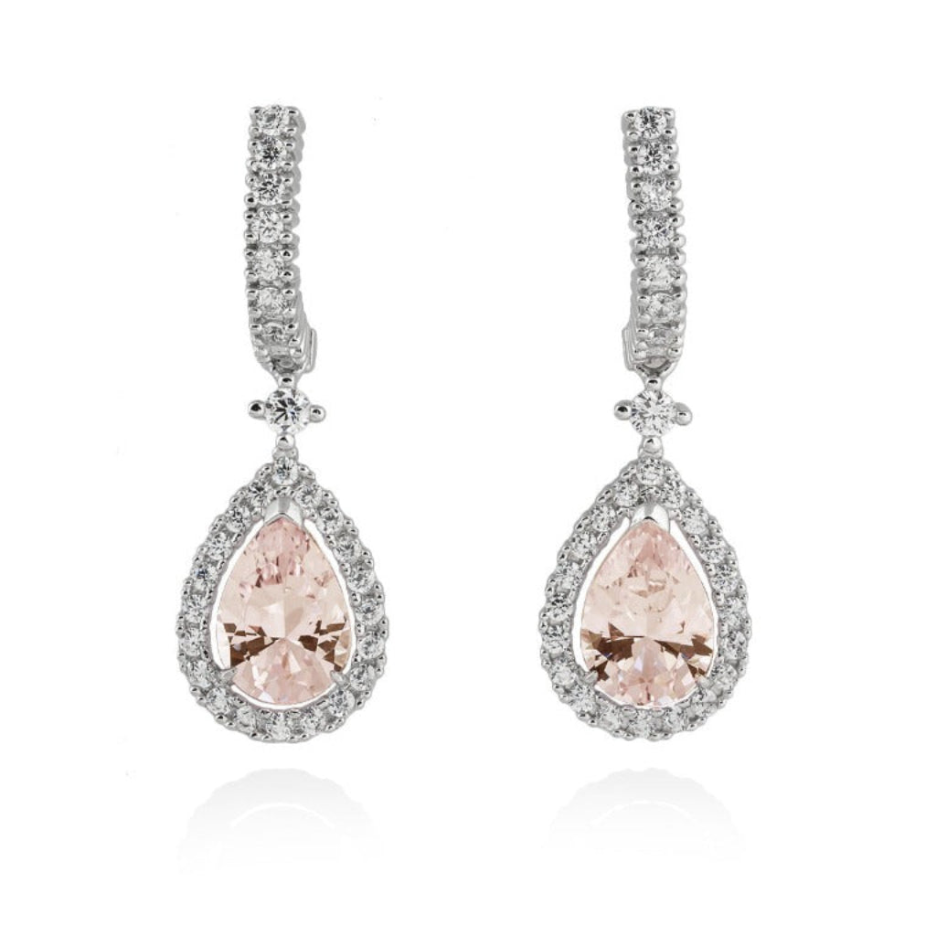 Pendientes de plata de primera ley (925) con baño de rodio con circonita blanca en forma de gota y piedra sintética central color rosa agua