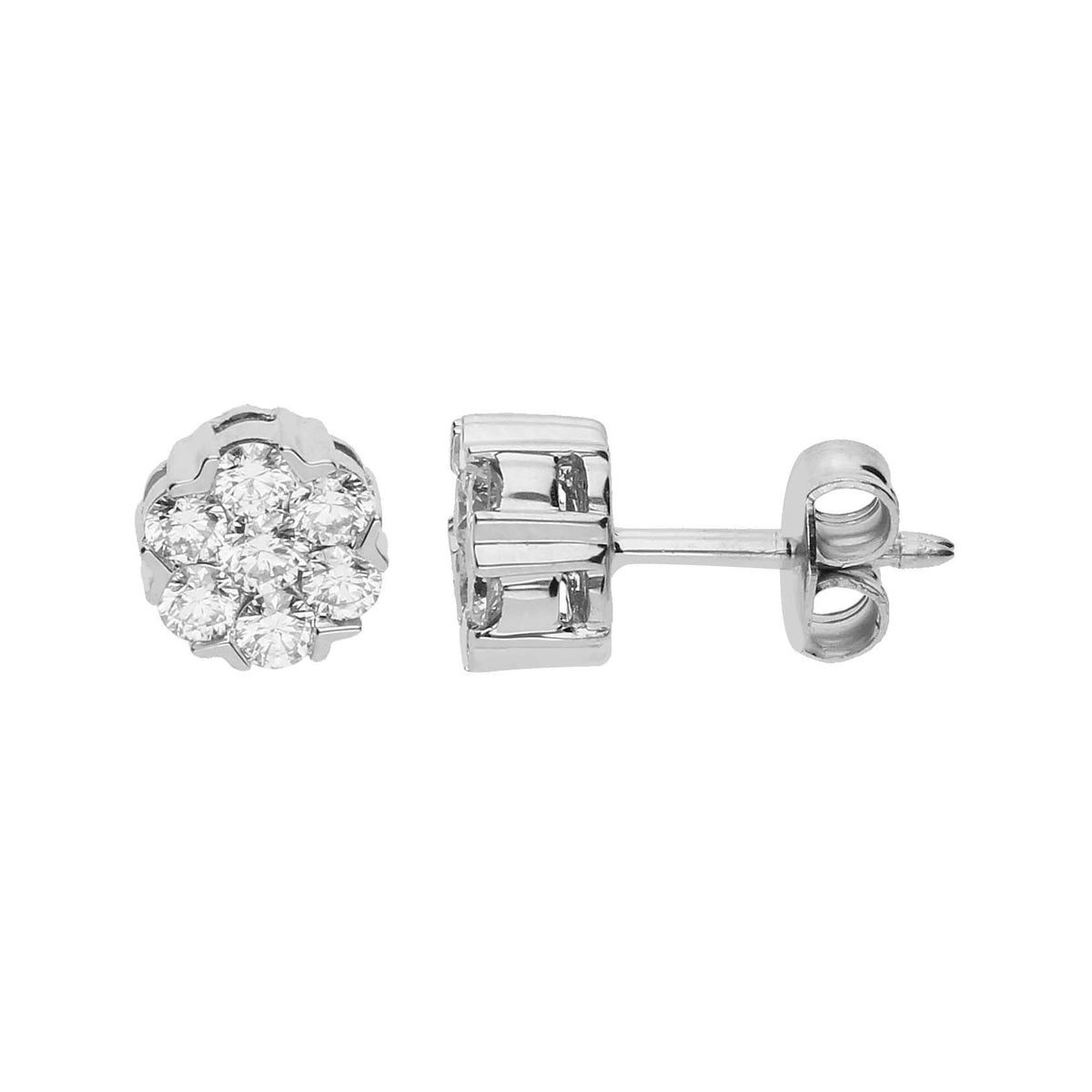 Pendientes de oro blanco de 18 quilates con un diamante central y 12 diamantes rodeándolo. Joyería Pamplona.