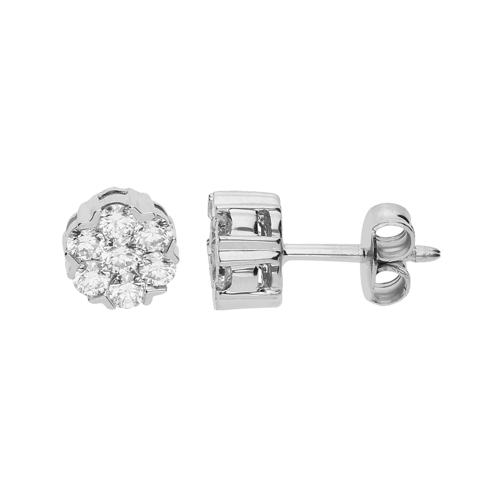 Pendientes de oro blanco de 18 quilates con un diamante central y 12 diamantes rodeándolo. Joyería Pamplona.