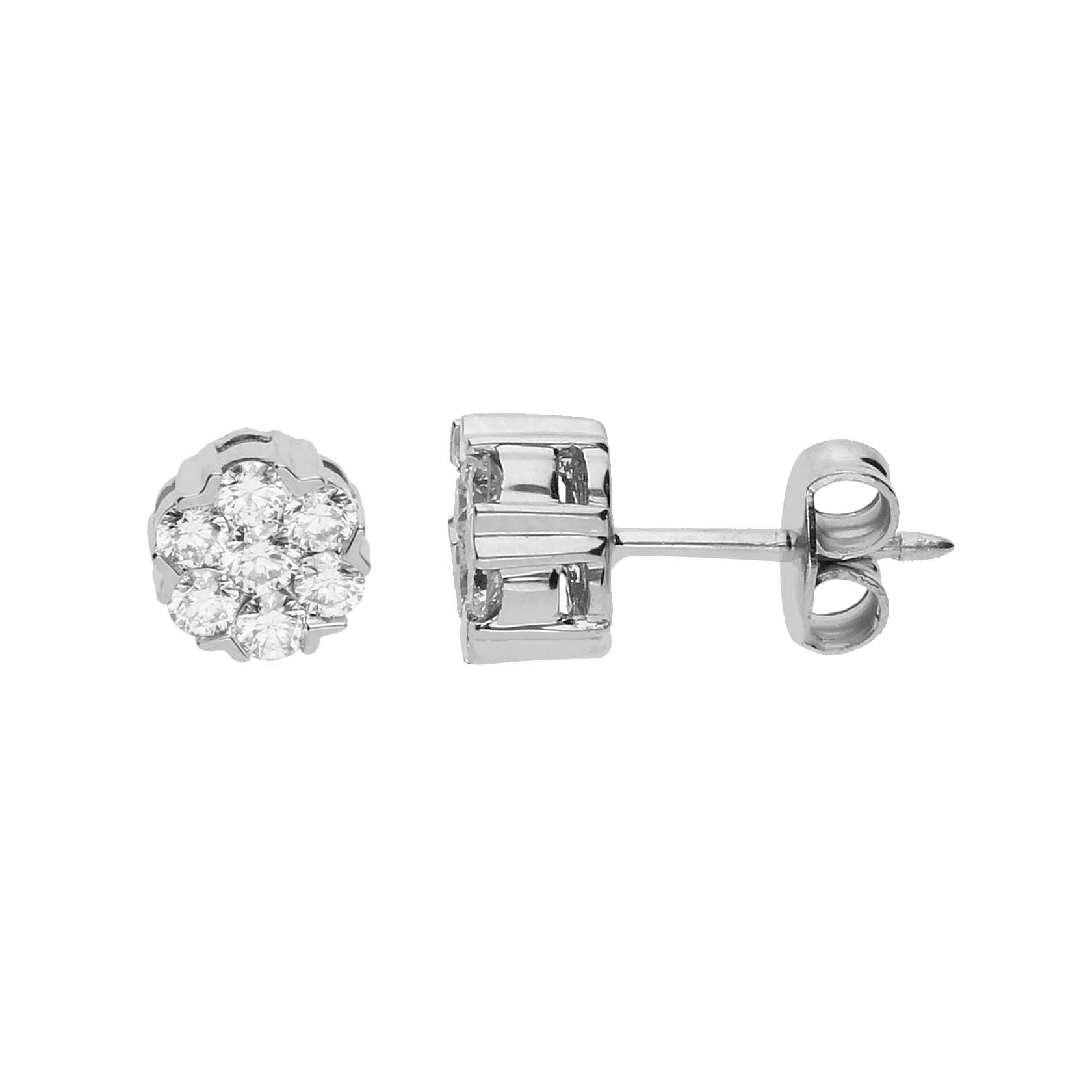 Pendientes de oro blanco de 18 quilates con un diamante central y 12 diamantes rodeándolo. Joyería Pamplona.