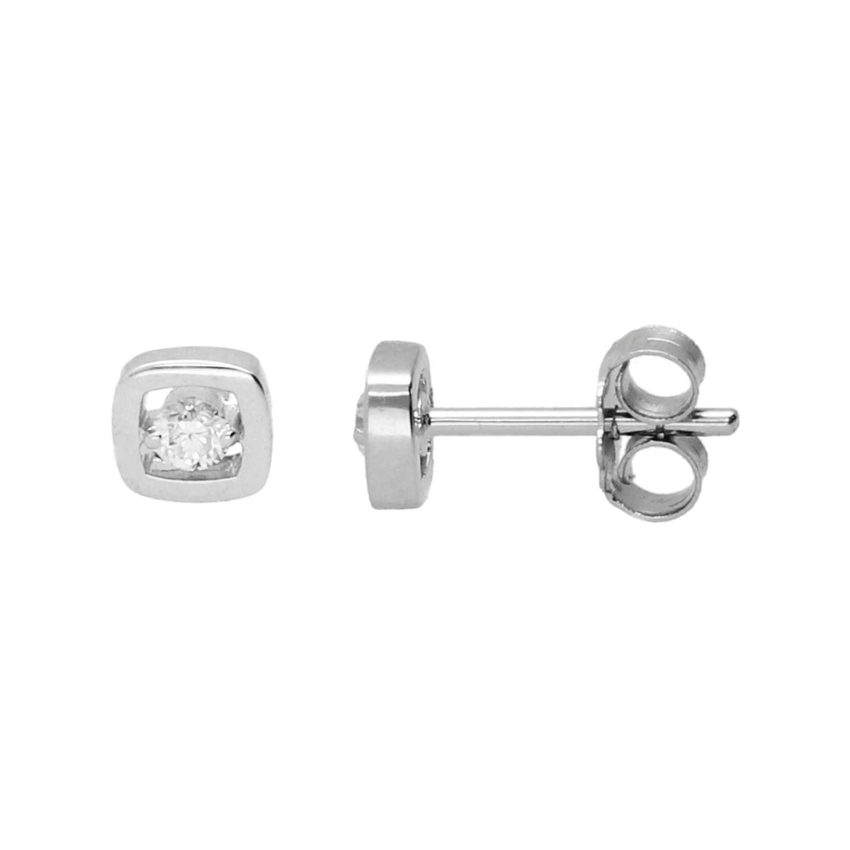 Pendientes en oro blanco de 18 quilates en forma cuadrada con diamante central de un peso total de 0,013cts. Joyería Pamplona.