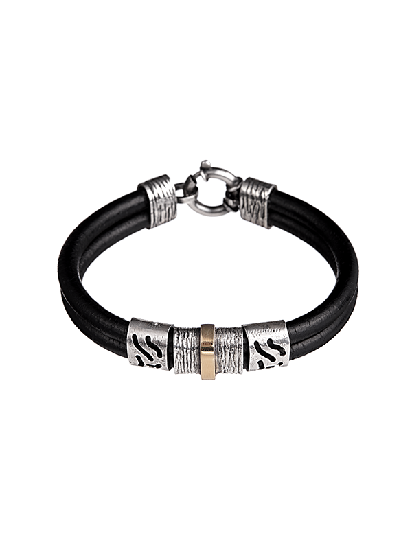 Pulsera para caballero de oro y plata. Cuero negro. Joyería Pamplona.