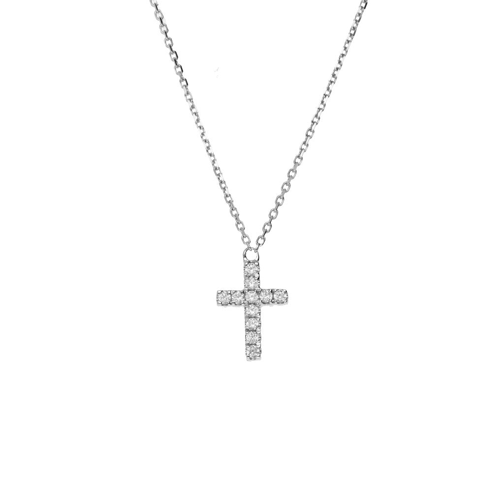 Collar realizado en oro blanco de 18 quilates con forma de cruz con diamantes.