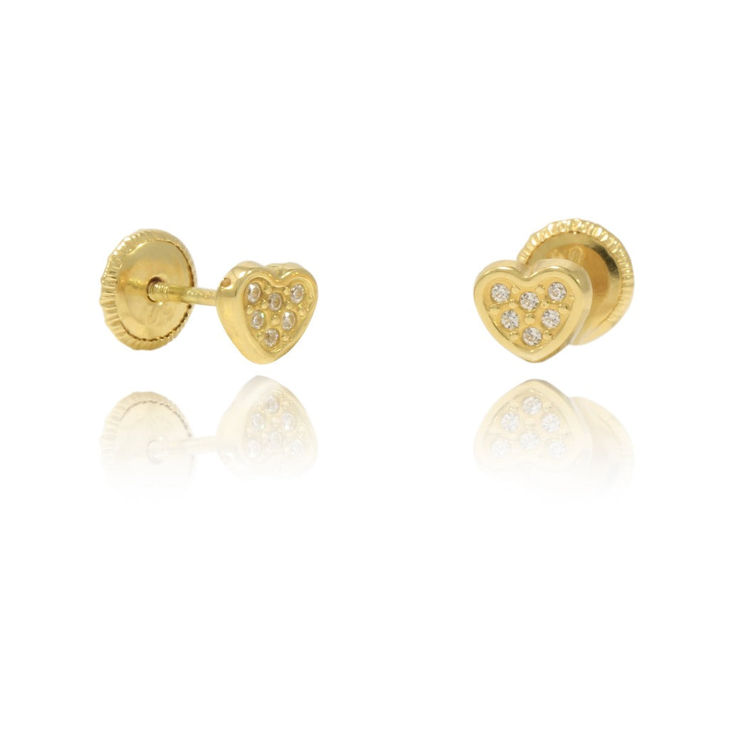 Pendientes de bebé realizados en oro amarillo de 18 quilates con forma de corazón cuajado de circonitas y sistema de cierre a rosca.